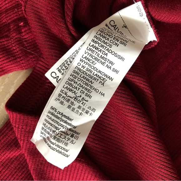 Calvin Klein Henley Neck Logo Embroidered Ribbed Long Sleeve Top in Burgundy M - Picture 7 of 10